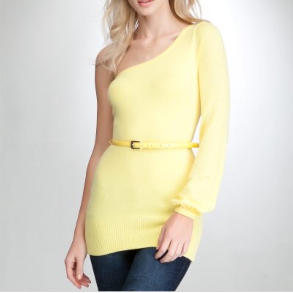Bebe one-sleeve belted sweater tunic